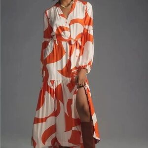 Anthropologie Vibrant Orange and White Long Maxi Dress